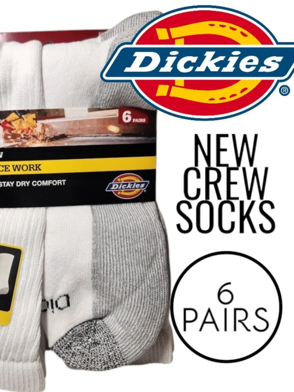 NEW Dickies Men's Dri-Tech Moisture Control Crew Socks 6 Pack Size XL White Soft